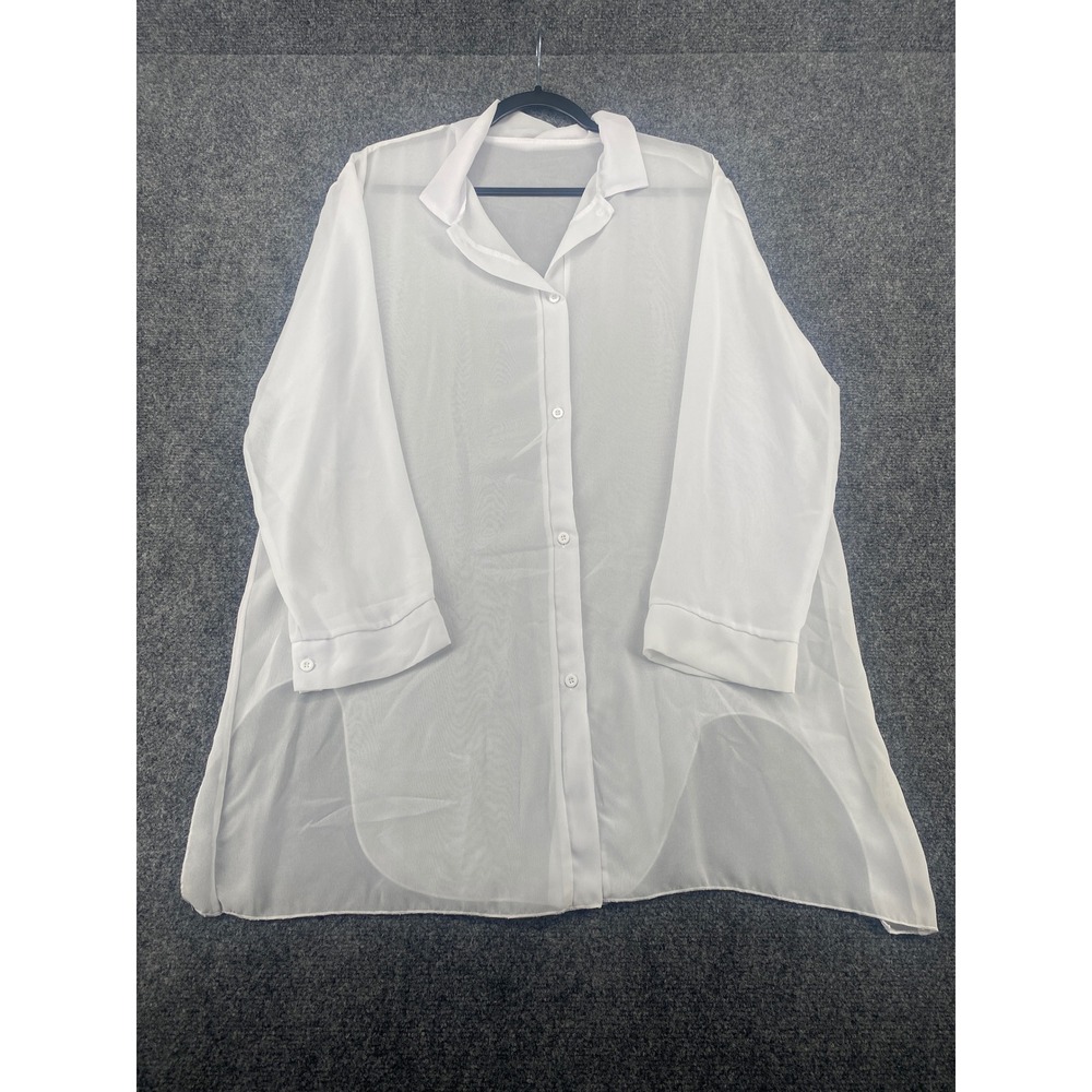 Sheer White Button Up Blouse Long Sleeve Oversized Layering Top Women L/XL 2564